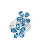 Lord & Taylor Swiss Blue Topaz, White Topaz And Sterling Silver Floral Ring