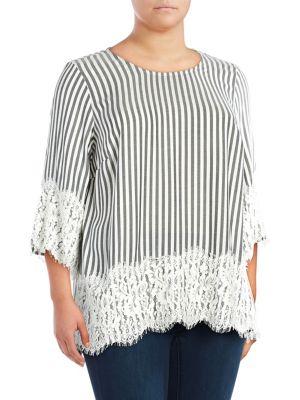 Karen Kane Plus Lace-hem Striped Top