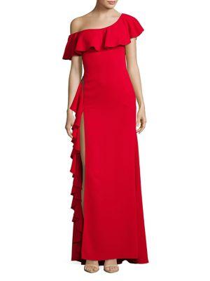 Nicole Bakti Ruffled One-shoulder Slit Gown