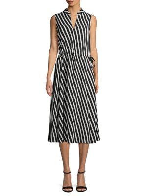 Anne Klein Striped Splitneck Drawstring Midi Dress