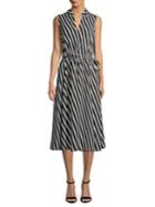 Anne Klein Striped Splitneck Drawstring Midi Dress