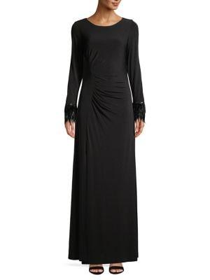 Calvin Klein Feather-cuffs Ruched Evening Gown