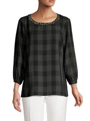 Karl Lagerfeld Paris Beaded-neck Plaid Crepe Top