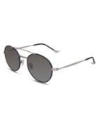 John Varvatos 52mm Double-bar Leather-rim Round Sunglasses