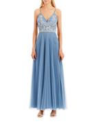 Nicole Miller New York V-neck Floral Embroidered Pleated Skirt Gown