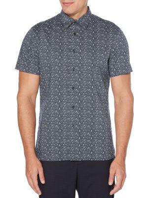 Perry Ellis Linear Floral Stretch Short Sleeve Button-down Shirt