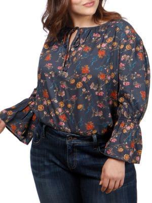 Lucky Brand Plus Floral-print Peasant-sleeve Top