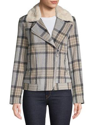 Miss Selfridge Checkered Faux-fur Trimmed Biker Jacket
