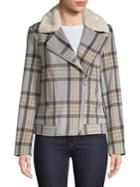 Miss Selfridge Checkered Faux-fur Trimmed Biker Jacket