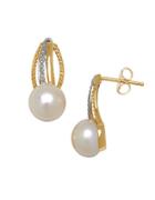 Lord & Taylor 8mm White Pearl, Diamond And 14k Yellow Gold Drop Earrings