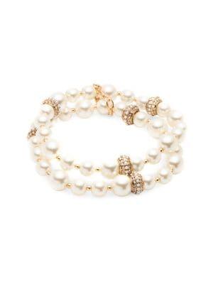 Anne Klein Goldtone, Glass Stone, Cubic Zirconia And Faux Pearl 2-row Bracelet