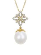 Sonatina 14k Yellow Gold, 11-12mm White Drop Pearl & Diamond Pendant Necklace
