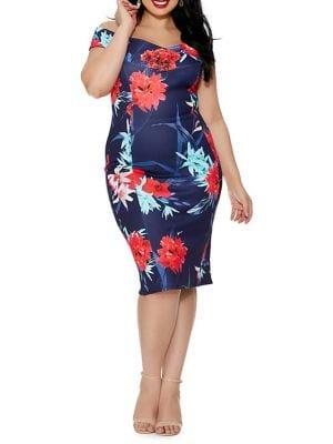 Quiz Curve Plus Floral-print Knee-length Bardot Dress