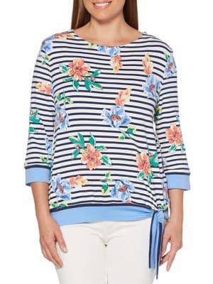 Rafaella Striped & Floral Cotton Blend Top