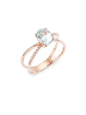 Lord & Taylor 14k Rose Gold Diamond And Aquamarine Ring
