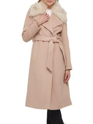 Karl Lagerfeld Paris Faux Fur-trimmed Belted Coat