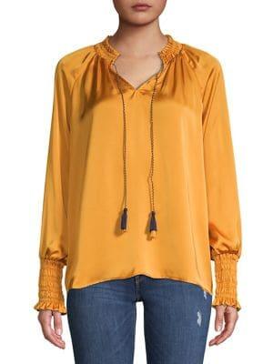 Lord & Taylor Smocked Tassel V-neck Top