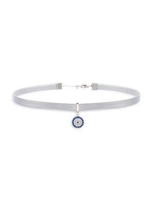 Lord & Taylor 925 Sterling Silver, Crystal & Leather Evil Eye Choker Necklace