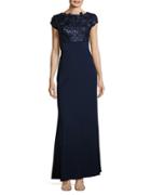 Js Collections Sequin And Floral Embroidered Cap Sleeved Gown