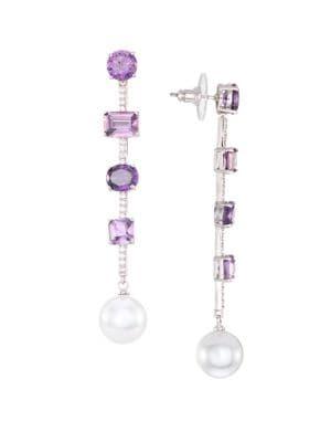 Nina E-laryn 14mm White Pearl & Crystal Linear Drop Earrings