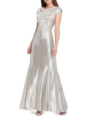 Tahari Arthur S. Levine Metallic Cowlneck Cap-sleeve Gown