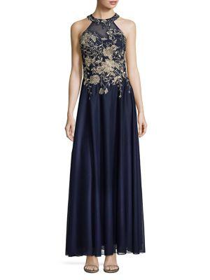 Cachet Floral-embroidered Halter Gown