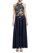 Cachet Floral-embroidered Halter Gown