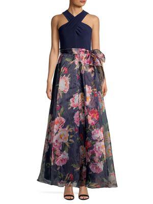Eliza J Twist Neck Floral Organza Gown