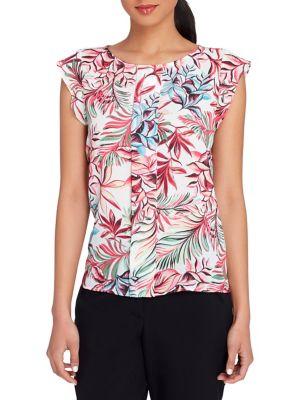 Tahari Arthur S. Levine Pleated Floral Flutter Blouse