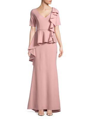 Badgley Mischka Platinum Ruffled Peplum Short-sleeve Gown