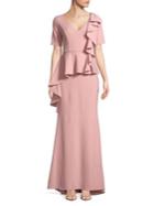Badgley Mischka Platinum Ruffled Peplum Short-sleeve Gown