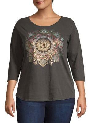 Lucky Brand Plus Foil Medallion Three Quarter Sleeve Top