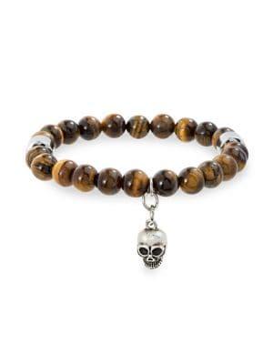 Lord & Taylor Tigers Eye & Stainless Steel Beaded Skull Dangle Bracelet