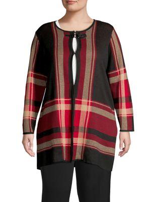 Kasper Plus Buckle-neck Plaid Cardigan