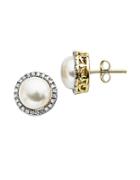 Lord & Taylor Pearl And Diamond Earrings In 14 Kt. Yellow Gold 0.14 Ct. T.w.9mm