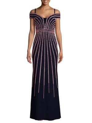 Xscape Petite Cold-shoulder Studded Embellished Crepe Gown