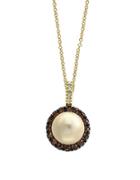 Effy Final Call 0.25tcw Diamonds, Brown Diamonds, 9mm Round Golden Freshwater Pearl And 14k Yellow Gold Pendant Necklace