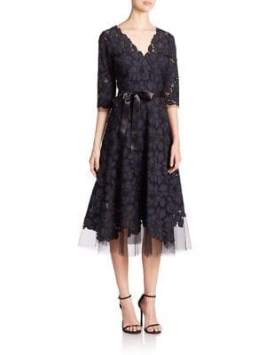 Teri Jon Embroidered Lace & Tulle Flare Dress