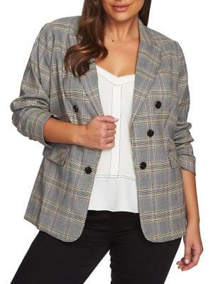 1.state Plus Ruched Sleeve Menswear Plaid Blazer