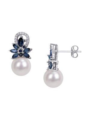 Sonatina 14k White Gold, Diamond, Sapphire And 9-9.5mm Freshwater Pearl Flower Drop Earrings