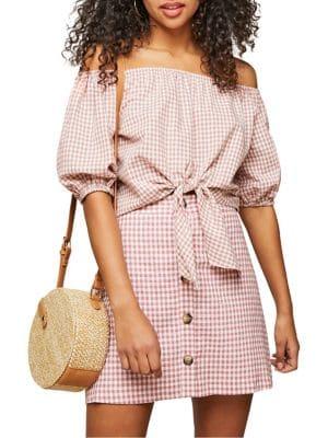 Miss Selfridge Tie-front Off-the-shoulder Gingham Top