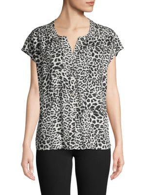 B Collection By Bobeau Splitneck Leopard-print Blouse
