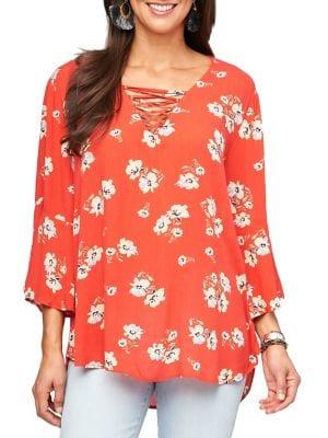 Democracy Floral-print Lace-up V-neck Blouse