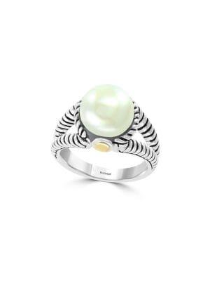 Effy Sterling Silver, 10mm Freshwater Pearl & 18k Yellow Gold Ribbed Ring