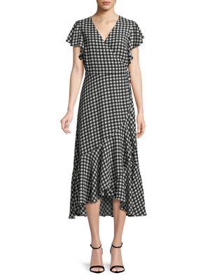Imnyc Isaac Mizrahi Gingham And Ruffle Hi-lo Wrap Dress