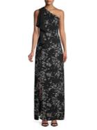 H Halston Ruffled Printed One-shoulder Gown