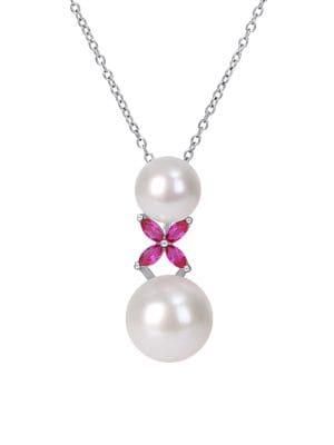 Sonatina Sterling Silver, Created Ruby And 11-12mm Freshwater Pearl Cross Necklace
