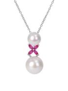 Sonatina Sterling Silver, Created Ruby And 11-12mm Freshwater Pearl Cross Necklace