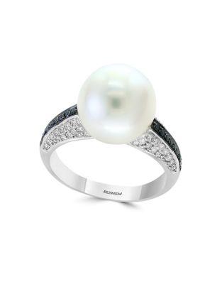 Effy 11-12mm South Sea Pearl, Black Diamond, Diamond And 14k White Gold Ring