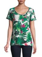 Lord & Taylor Petite Floral Cotton Slub V-neck Roll Sleeve Tee